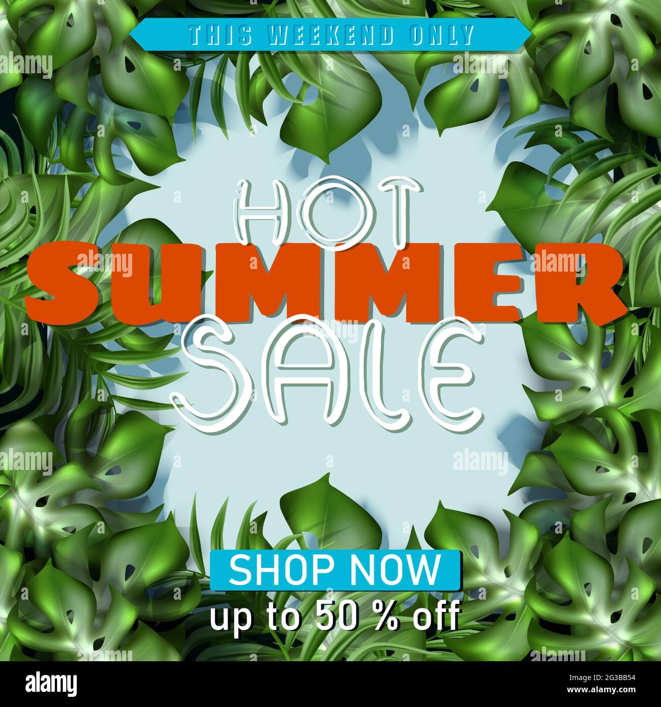 Vector big summer sale banner template with tropical leaves frame Stock ...