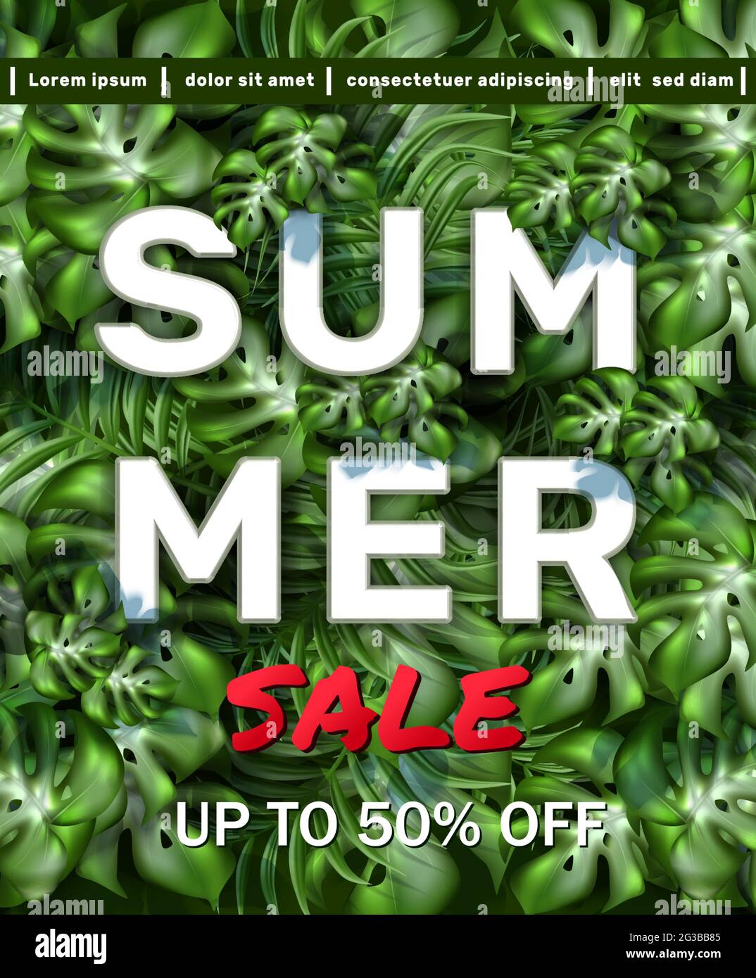 Vector big summer sale banner template with tropical leaves frame Stock ...
