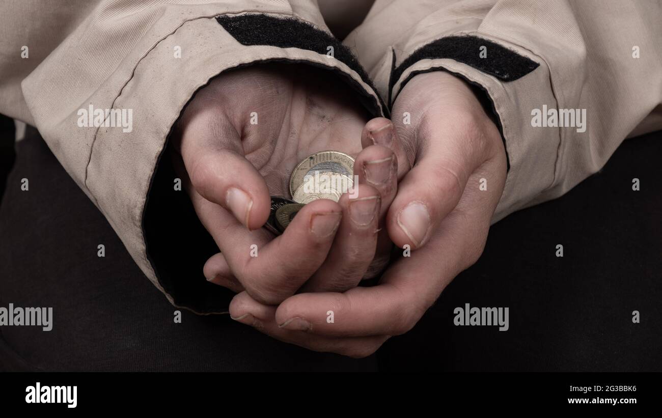 beggar with dirty hands begging for money, request for financial ...