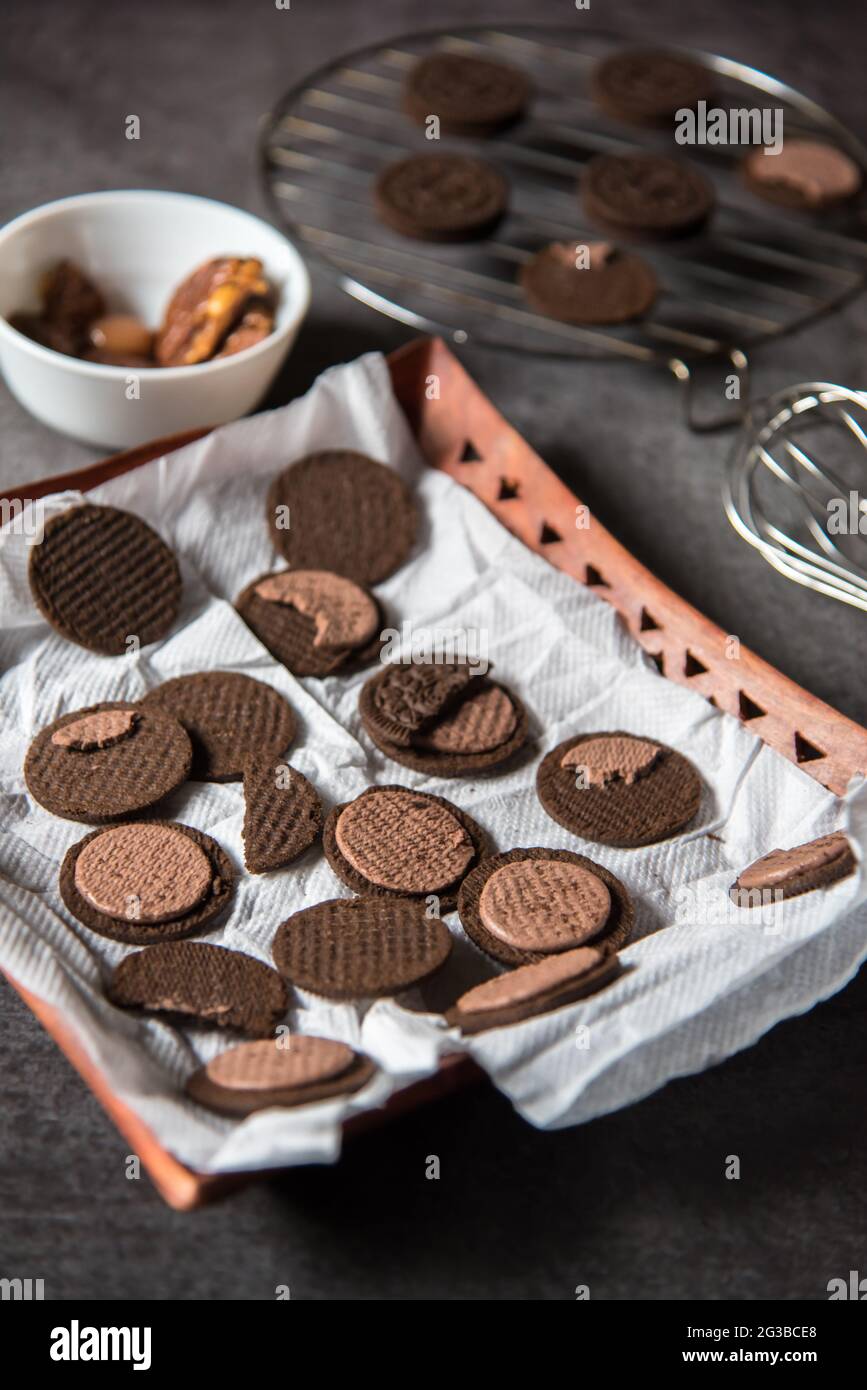 Dark chocolate chip cookies with use of selective focus Stock Photo