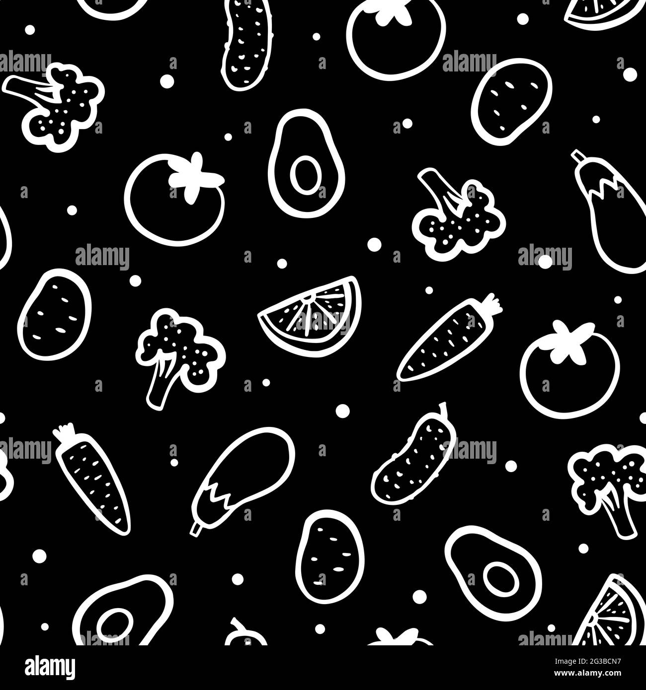 Vegetables set Seamless pattern. Broccoli, avocado, carrot, potato, tomato, cucumber, eggplant, lemon on black background. Hand drawn Chalk board vege Stock Vector