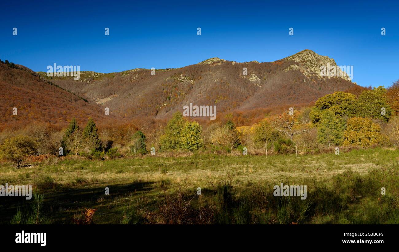 Montseny and the Agudes summit in autumn, seen from Santa Fe de Montseny (Vallès Oriental, Barcelona, Catalonia, Spain) Stock Photo