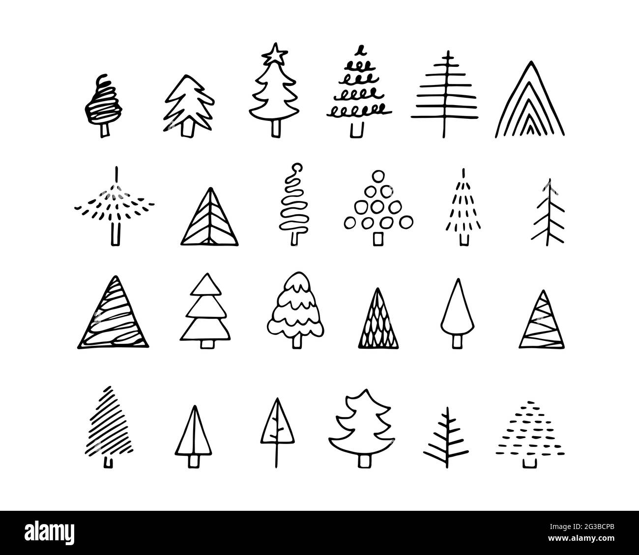 Vector doodle Christmas tree set. Handdrawn firtrees isolated on white background. Outline