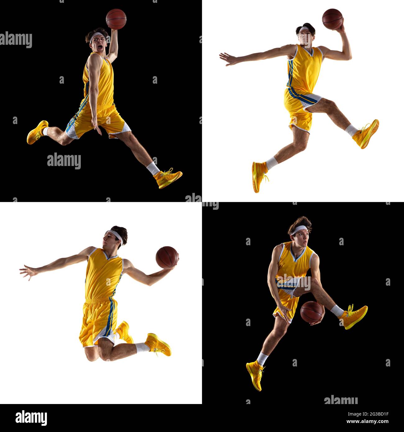 Young Caucasian basketball player training isolated on black background ...