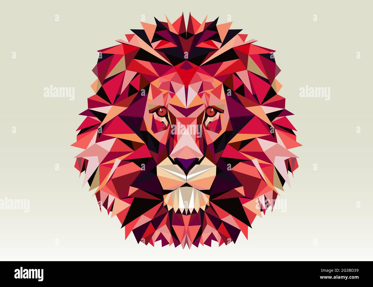 Low poly pink lion head in full face. Wild animal made of polygonal elements. A character with formidable eyes and a calm face. Geometric lion. Vector Stock Vector