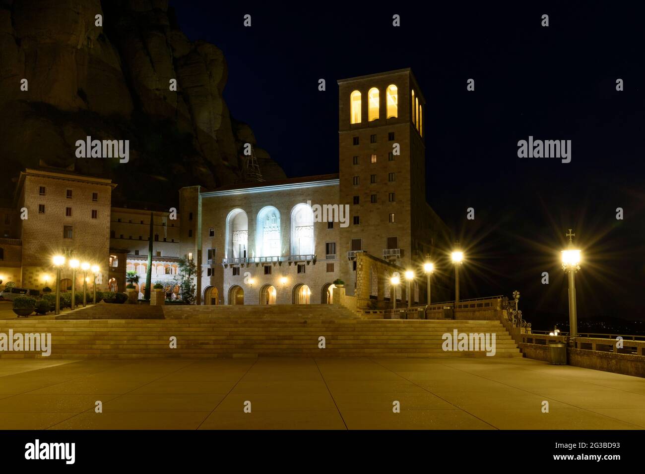 Montserrat Abbey at night (Barcelona, Catalonia, Spain) ESP: Monasterio de Montserrat por la noche (Barcelona, Cataluña, España) Stock Photo