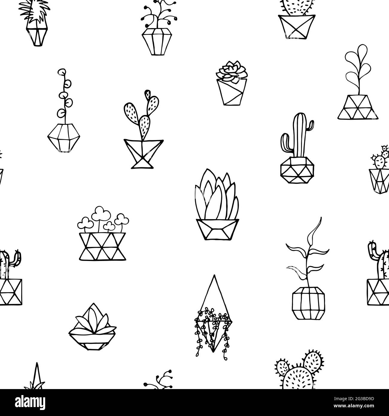 Doodle plant in faceted pot seamless pattern. Hand-drawn leaves, succulents, cactus, poly flower pot. Outline home plants isolated on white background Stock Vector