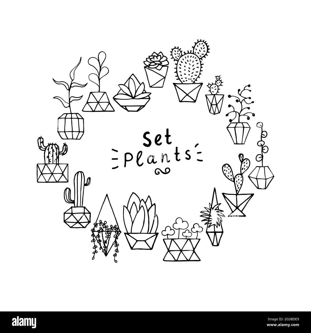 Doodle plant in faceted pot set. Hand-drawn wreath leaves, succulents ...