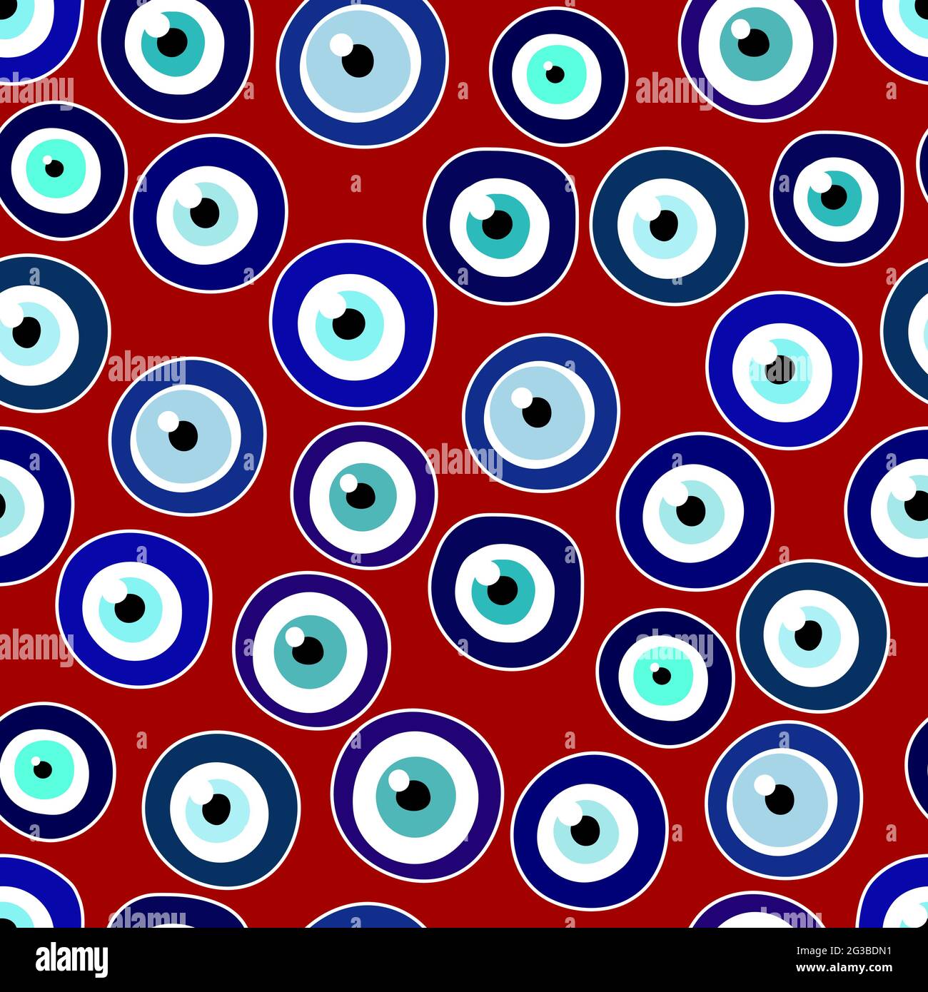 Seamless Nazar Boncugu amulet blue eye pattern. Turkish, Greece, arabian Talisman on burgundy red background. Fatima Eye protection symbol set. Magic Stock Vector