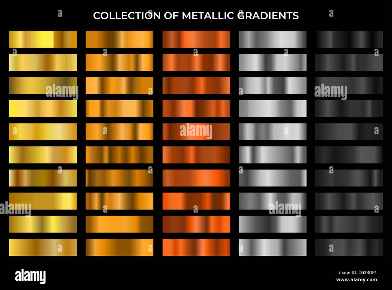 Big metal gradients pack. Gold, bronze, silver and black texture gradation background set. Vector metallic gradients. Elegant, shiny and bright Stock Vector