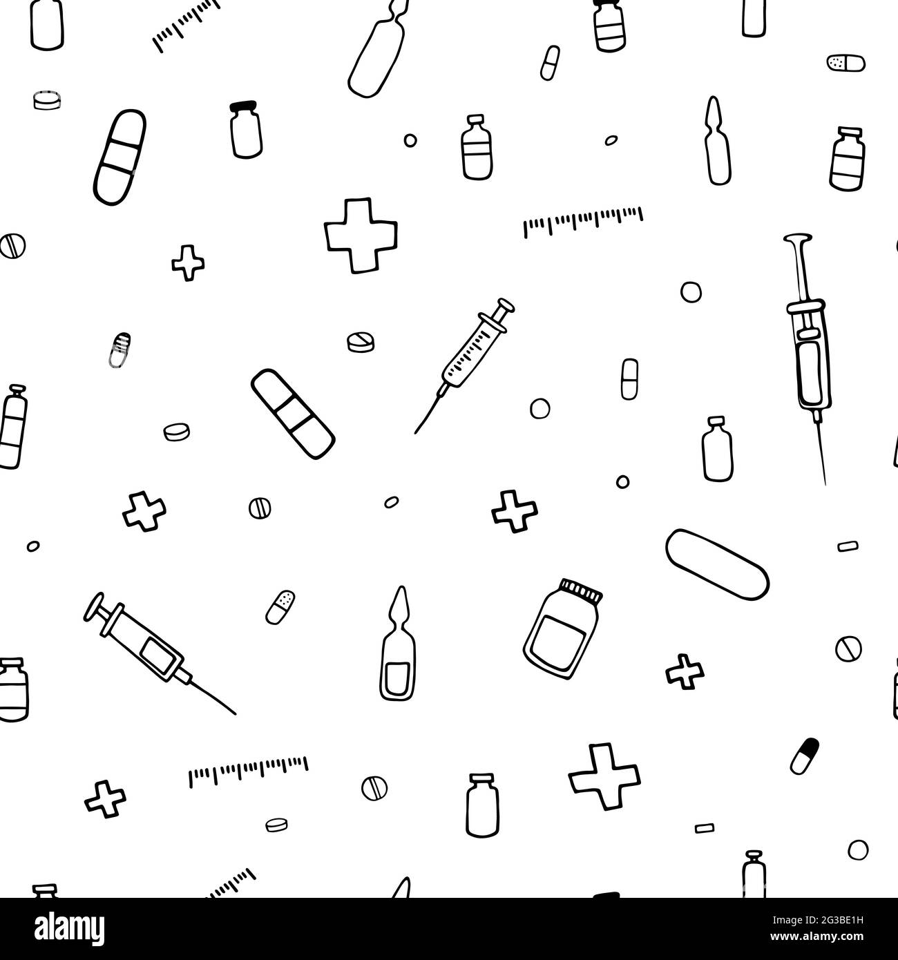 Seamless stock medical pattern. The contours of pharmaceutical things isolated on white background. Syringes, tablets, crosses, plasters, medicines, a Stock Vector