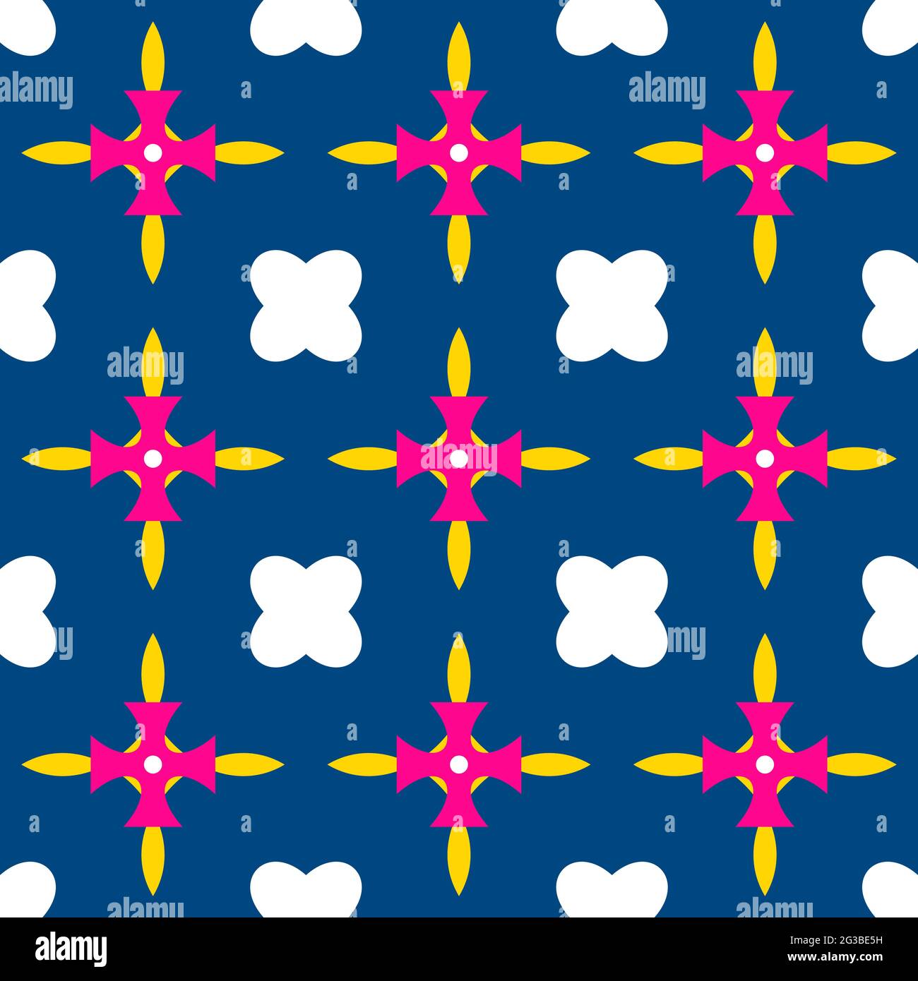 Seamless geometric vector pattern. Classic decorative vibrant elements on a classic blue background. Vector traditional illustration in pink, yellow, Stock Vector