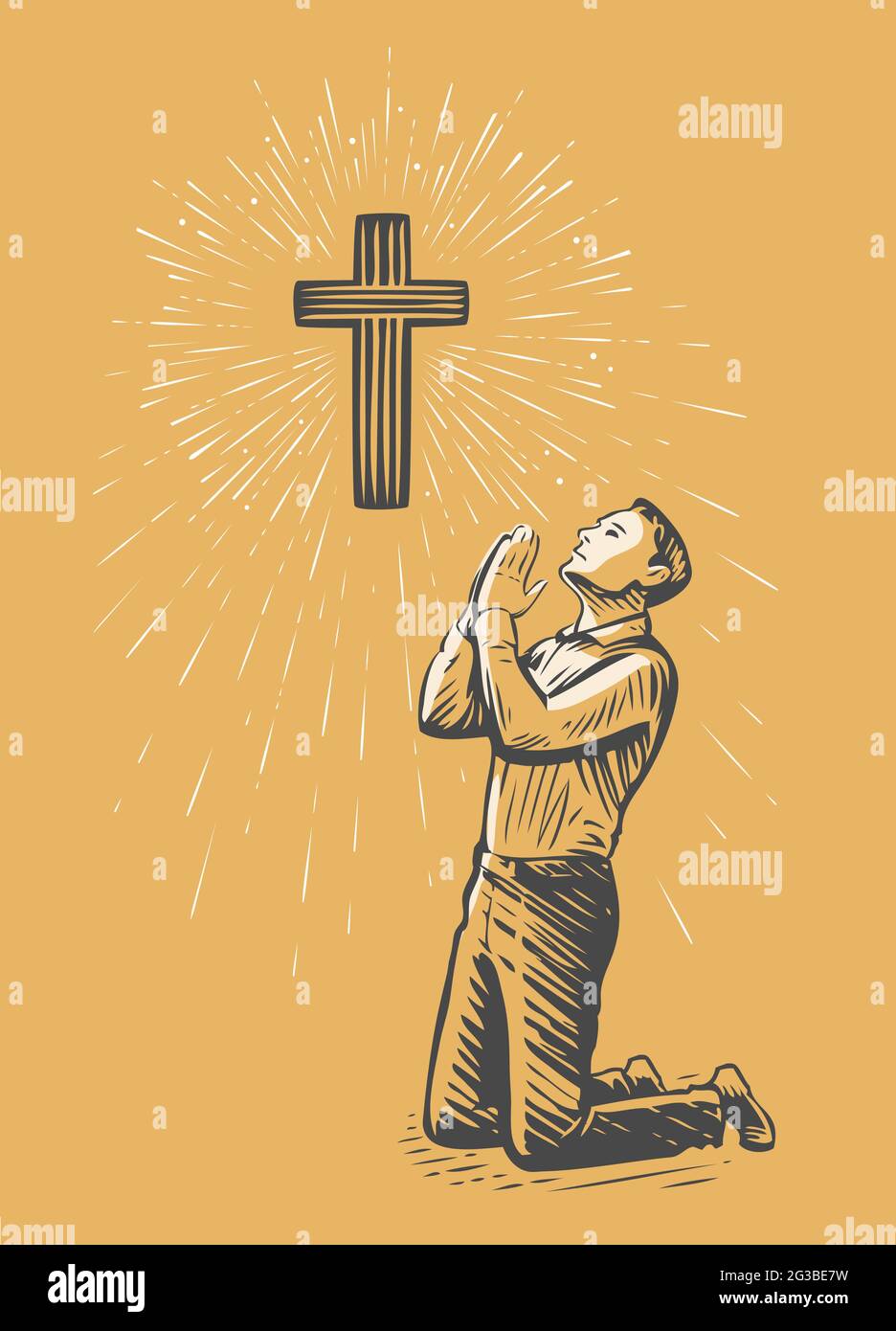 Man praises God in prayer. Worship, faith concept vector illustration Stock Vector