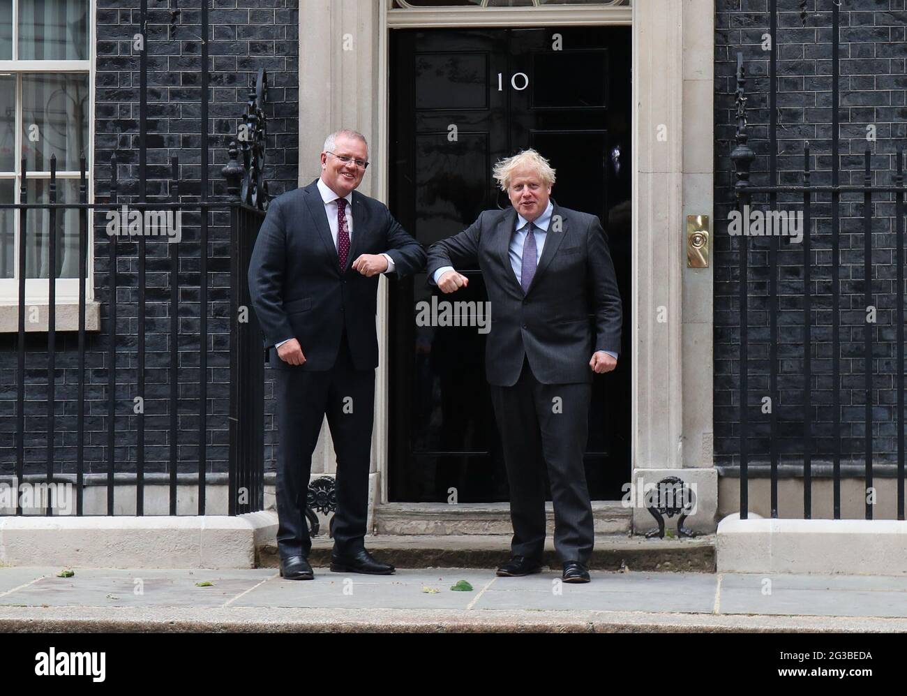 LONDON, ENGLAND, JUNE 14 2021, British Prime Minister Boris Johnson greets Australian Prime Minister Scott Morrison outside the door of 10 Downing Street, London on Monday 14th June 2021. (Credit: Lucy North | MI News) Stock Photo
