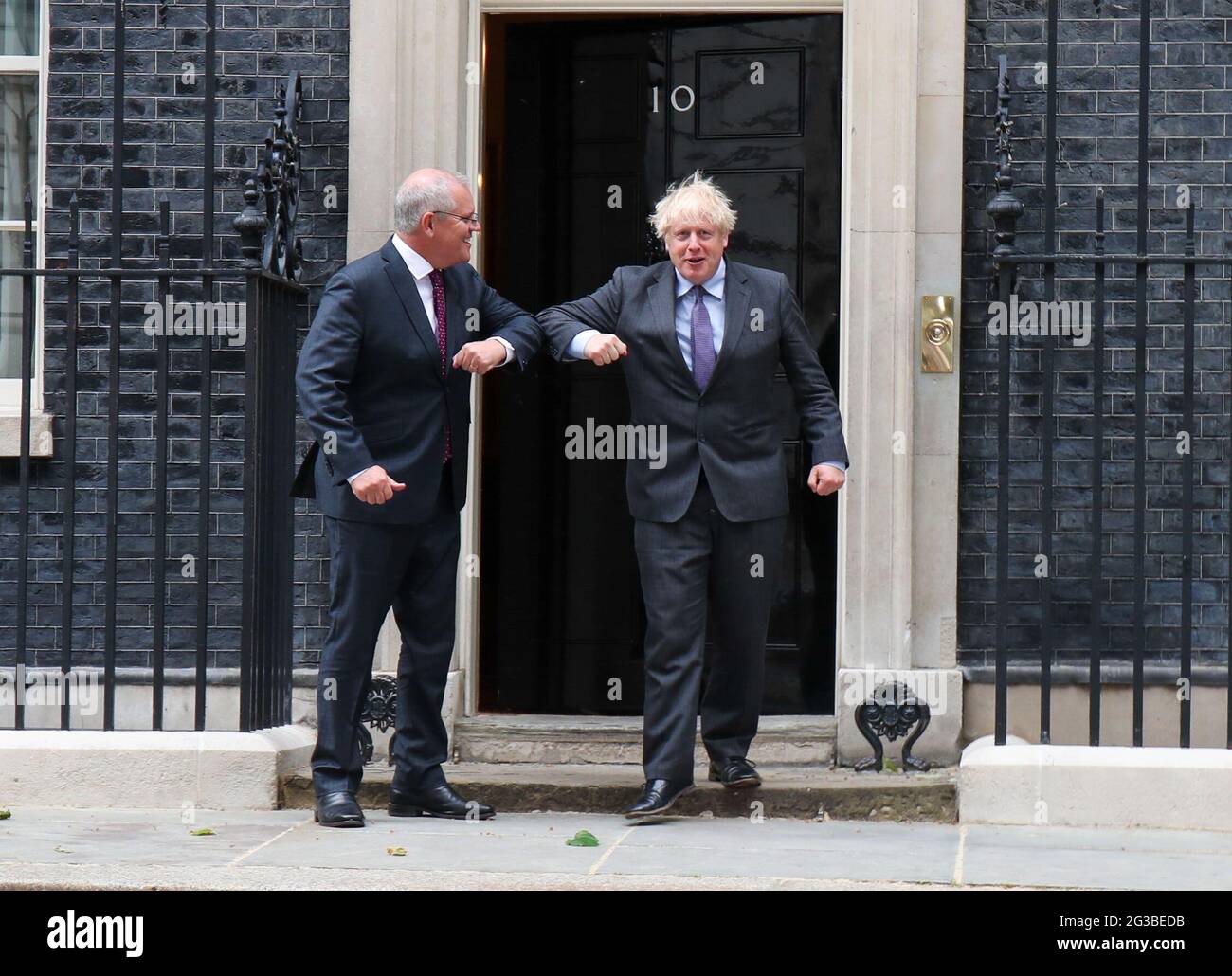 LONDON, ENGLAND, JUNE 14 2021, British Prime Minister Boris Johnson greets Australian Prime Minister Scott Morrison outside the door of 10 Downing Street, London on Monday 14th June 2021. (Credit: Lucy North | MI News) Stock Photo