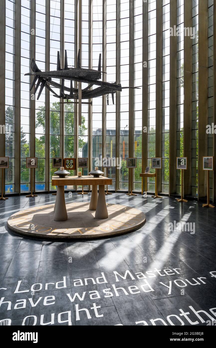 The beautiful, circular, Christ the Servant chapel in Coventry Cathedral. Built next to the previous cathedral bombed to ruins in the second world war Stock Photo