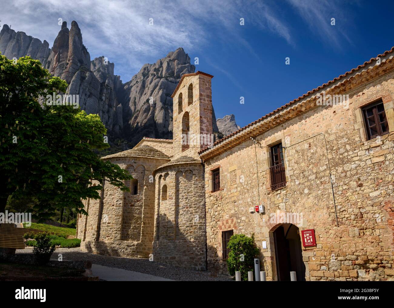 Santa Cecília Monastery under the cliffs of Montserrat mountain (Bages, Barcelona, Catalonia, Spain) ESP: Monasterio de Santa Cecília bajo Montserrat Stock Photo