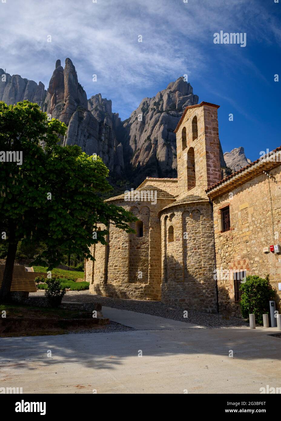 Santa Cecília Monastery under the cliffs of Montserrat mountain (Bages, Barcelona, Catalonia, Spain) ESP: Monasterio de Santa Cecília bajo Montserrat Stock Photo