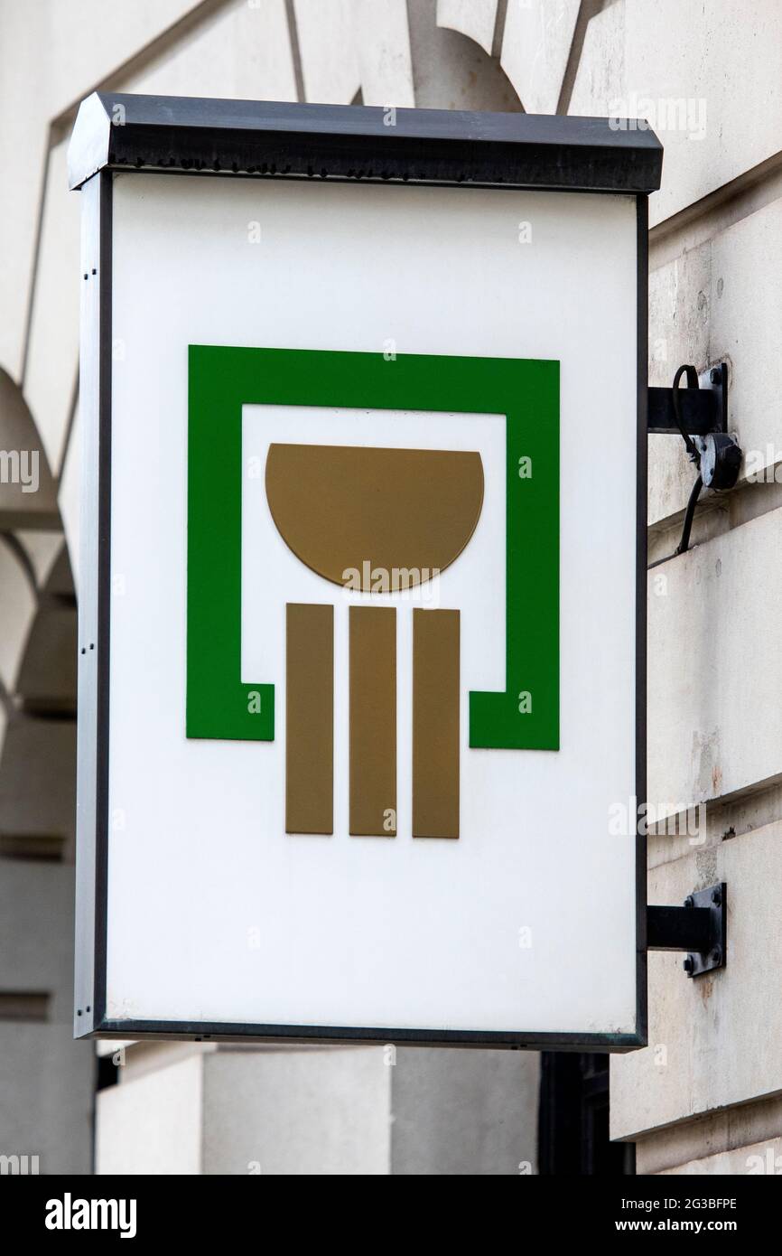 London, UK - May 13th 2021: A close-up of the National Bank of Egypt logo, above the entrance to one of their branches in central London, UK. Stock Photo