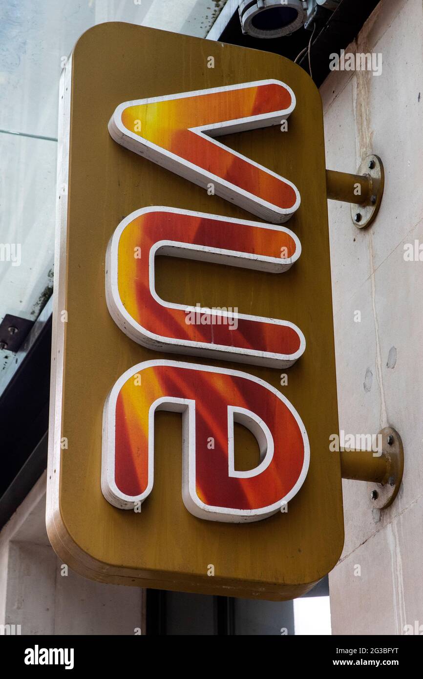 London, UK - May 13th 2021: Close-up of the Vue Cinemas logo, above the entrance to one of their cinemas in London, UK. Stock Photo