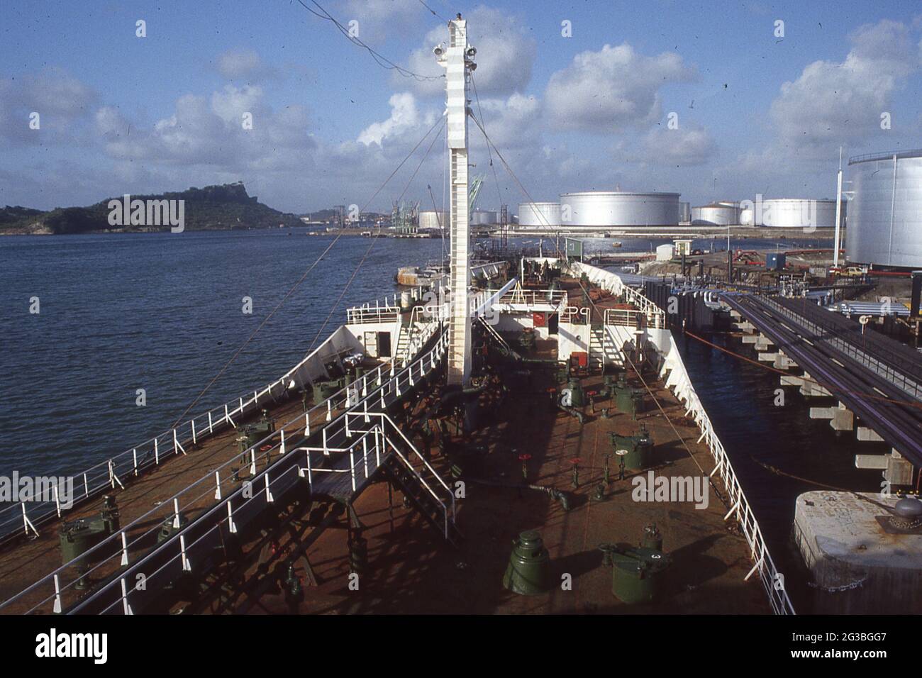 View from the Bridge over the deck of an Oil Tanker Operating in the Carribean Stock Photo