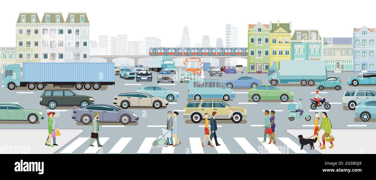 Cars at the intersection in the traffic jam in a big city and metro in ...