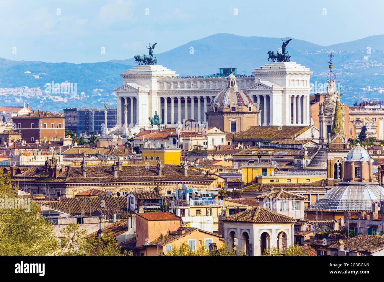 Rome, Italy. Rooftop view to Vittorio Emanuele II monument from Castel Sant'Angelo.  The historic centre of Rome is a UNESCO World Heritage Site. Stock Photo