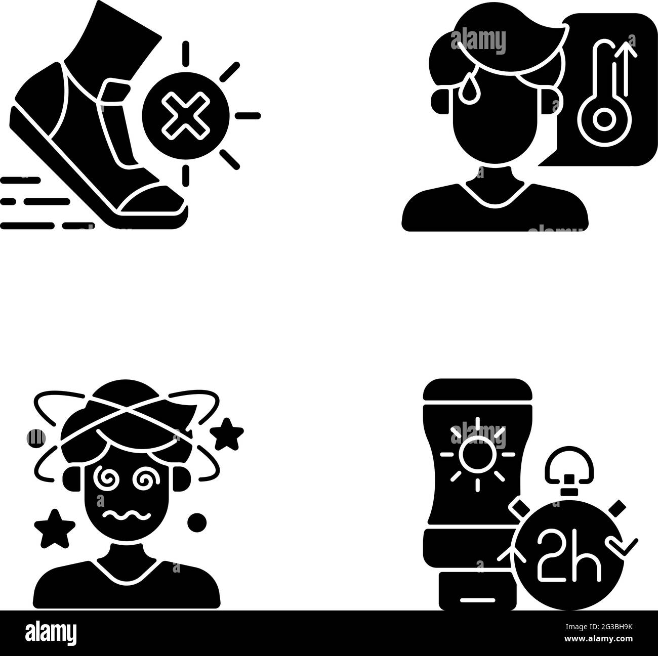 Heatstroke prevention black glyph icons set on white space Stock Vector ...