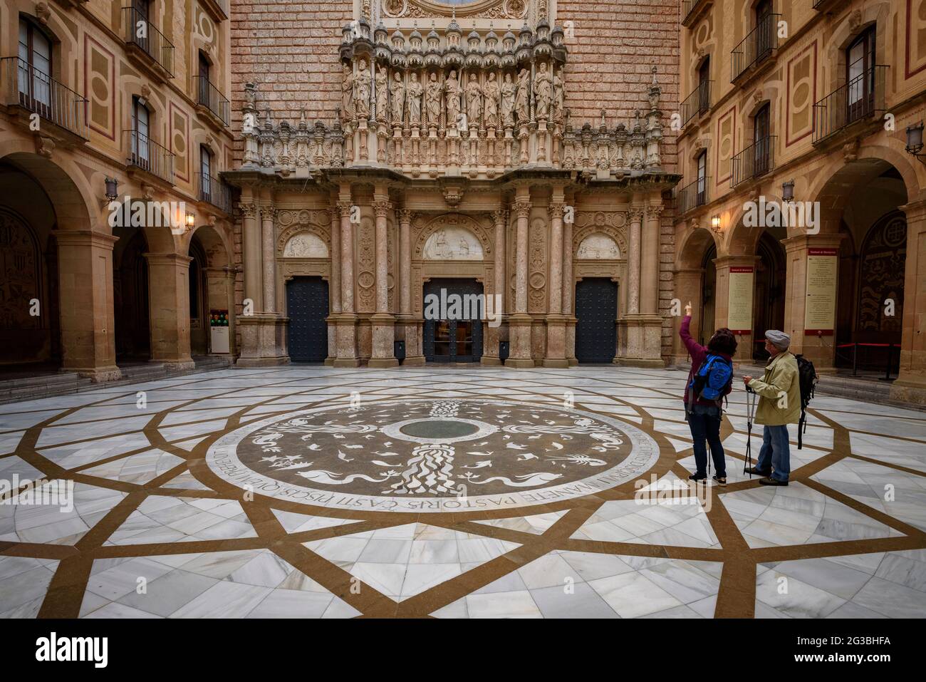 Atrium in front of the basilica's facade of the Montserrat Abbey (Barcelona, Catalonia, Spain) ESP: Atrio delante de la fachada de Montserrat, España Stock Photo