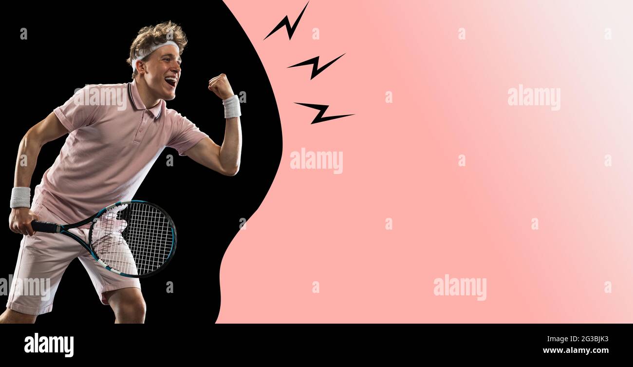 One Caucasian man, professional tennis player isolated on black pink  background. Flyer, magazine style Stock Photo - Alamy