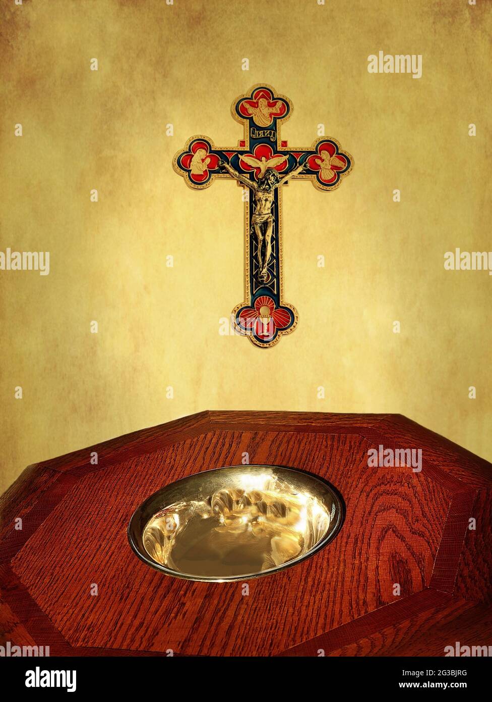 Traditional font for baptizing with cross showing the triune God Stock