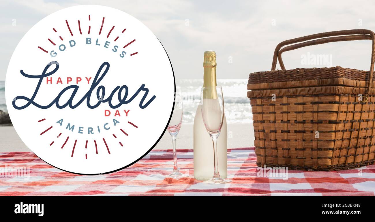 Composition of labor day greeting text in white circle over bottle of