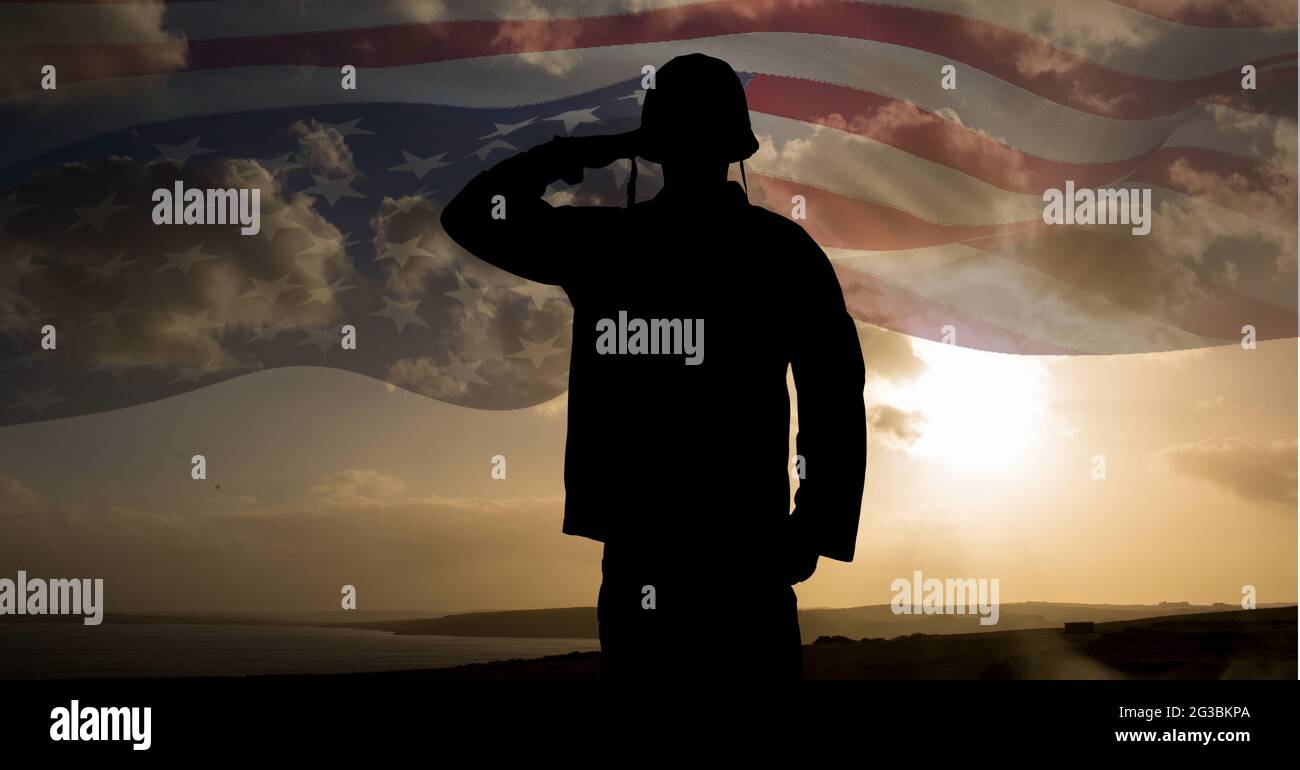 Composition of silhouette of saluting soldier against sunset sky with ...