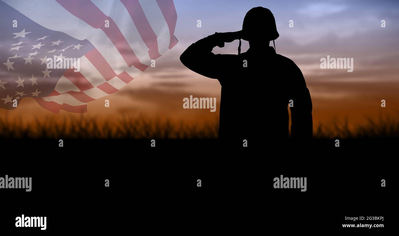 Composition of silhouette of saluting soldier against sunset sky with ...