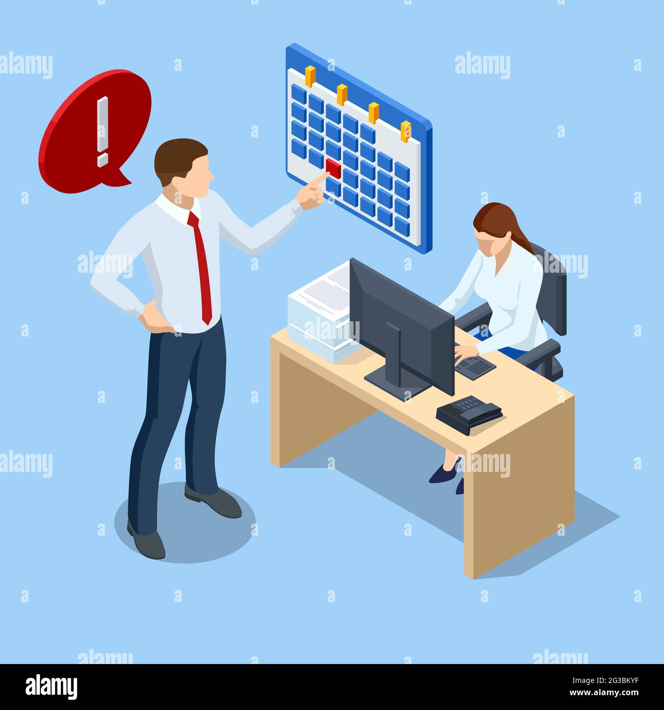 Isometric office workers and business people working overtime at deadline. Project deadline. Deadline Concept of overworked woman. Stock Vector
