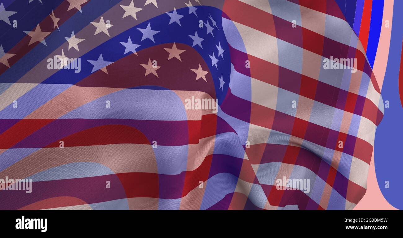 Composition of american flag billowing over blue and red stripe pattern Stock Photo