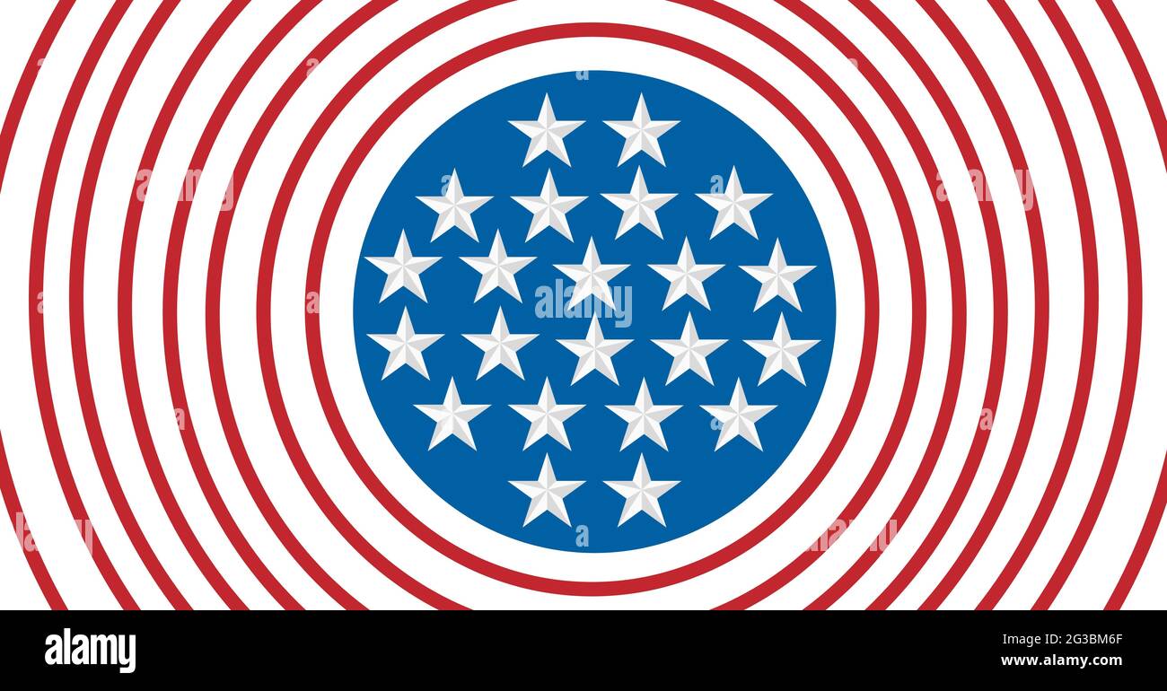 Composition of white stars on blue circle and circular red and white