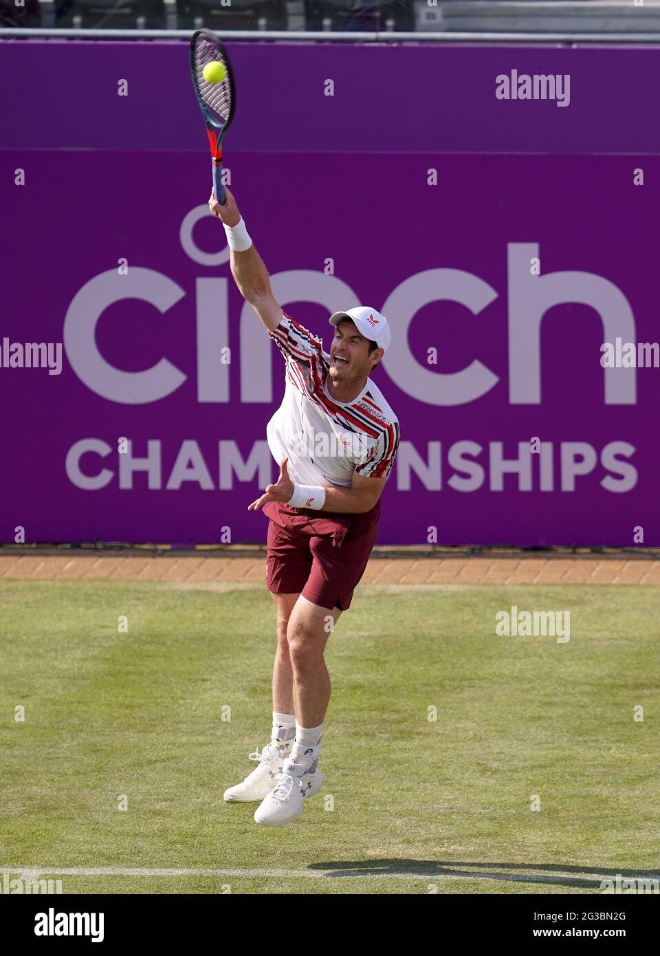 Andy Murray serves against Benoit Paire during day two of the cinch Championships at The Queen's Club, London. Picture date: Tuesday June 15, 2021. Stock Photo