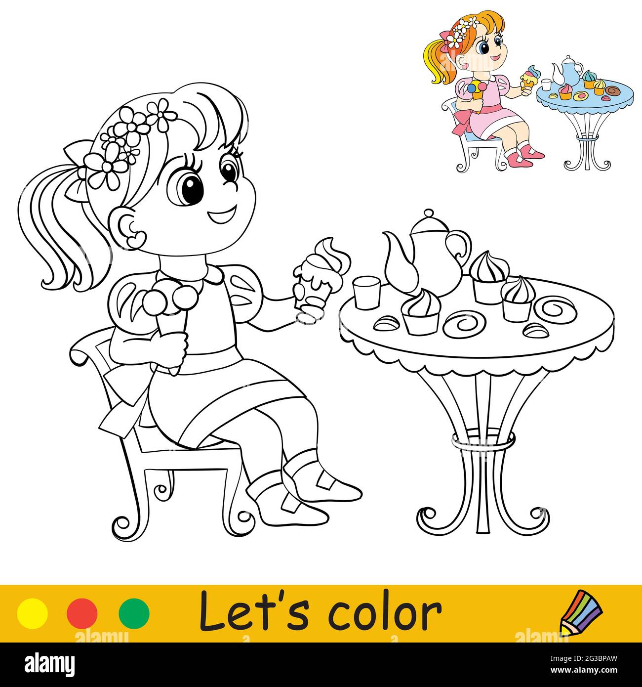 Cute little girl with ice cream sitting at the table with a tea set. Coloring book page with colorful template for kids. Vector isolated illustration. Stock Vector