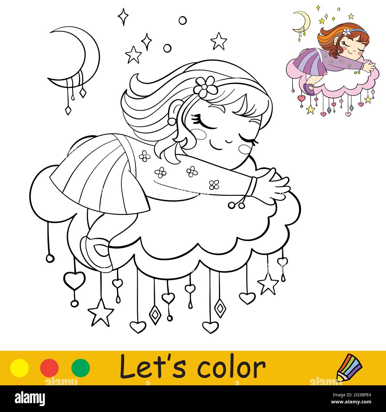 Cute little girl sleeping on a magical cloud with moon and stars. Coloring book page with colorful template for kids. Vector isolated illustration. Fo Stock Vector