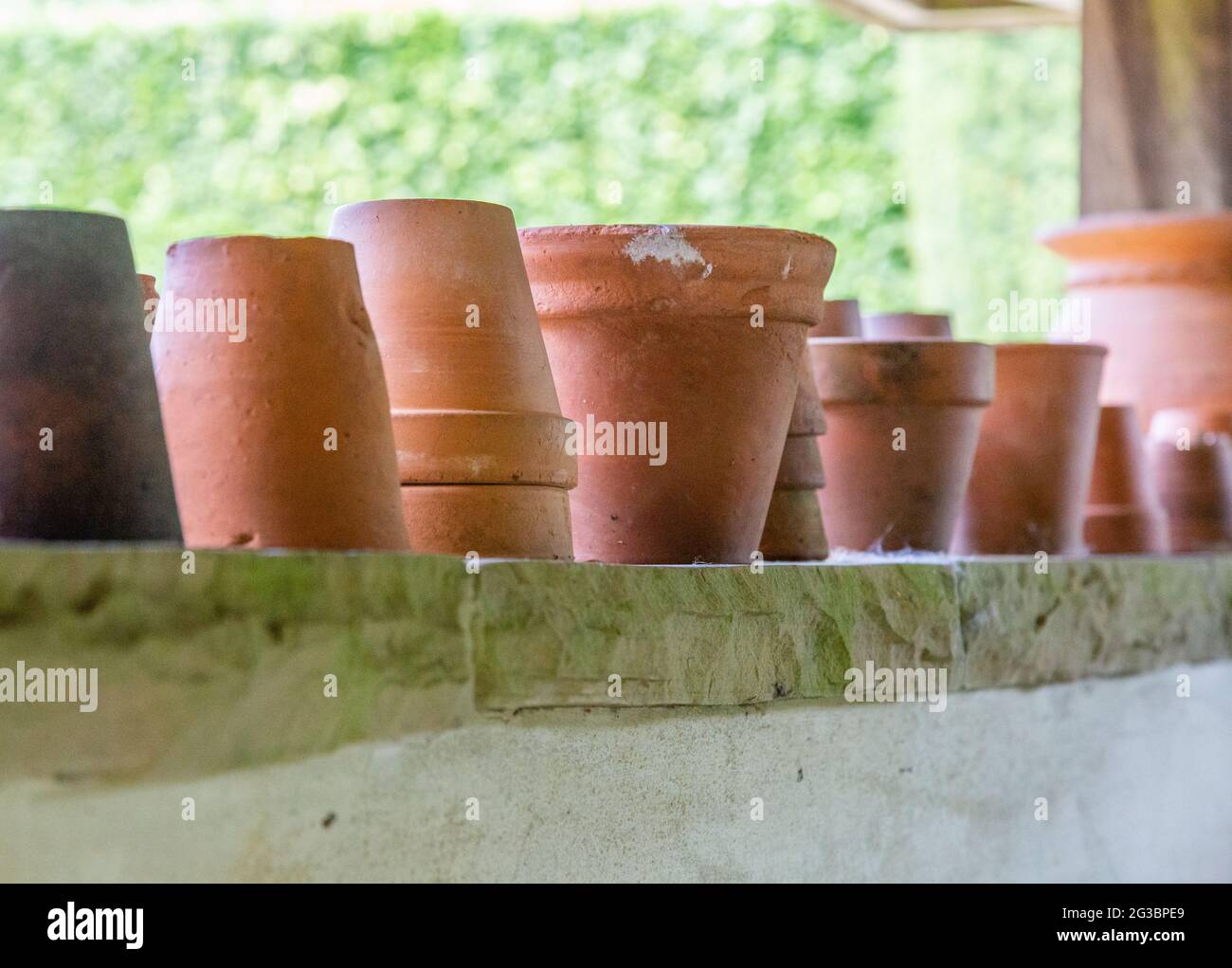 An assortment of clay plant pots stored on a shelf. Stock Photo