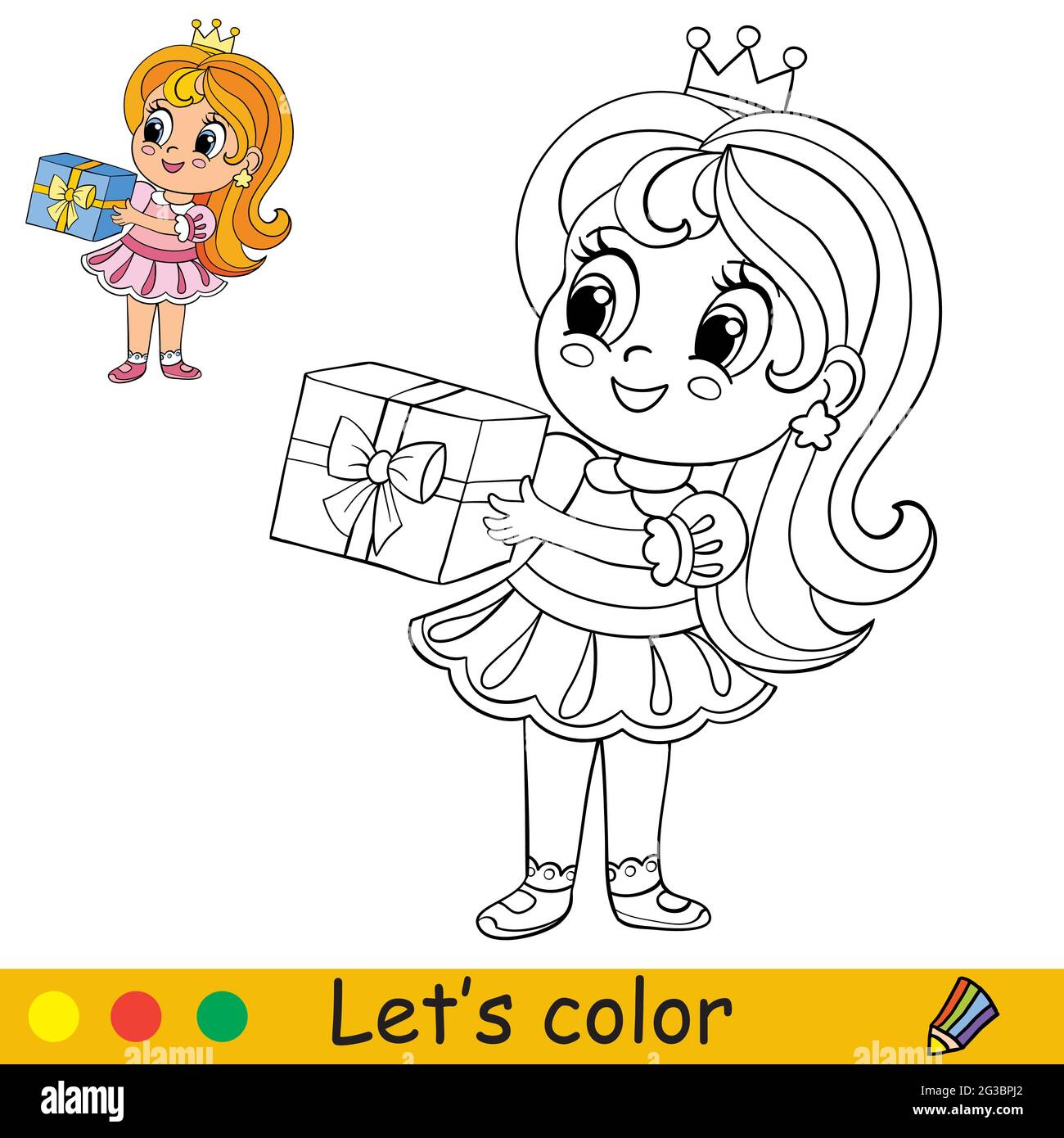 Cute little girl standing with a gift in her hands. Coloring book page with colorful template for kids. Vector isolated illustration. For coloring boo Stock Vector