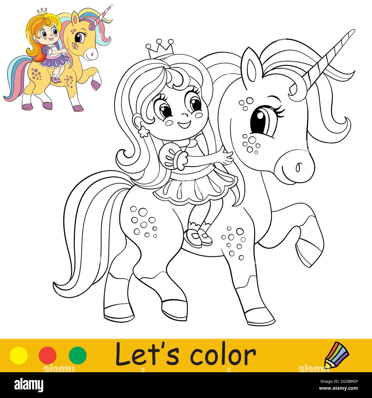 Cute little girl riding a magical unicorn. Coloring book page with colorful template for kids. Vector isolated illustration. For coloring book, print, Stock Vector