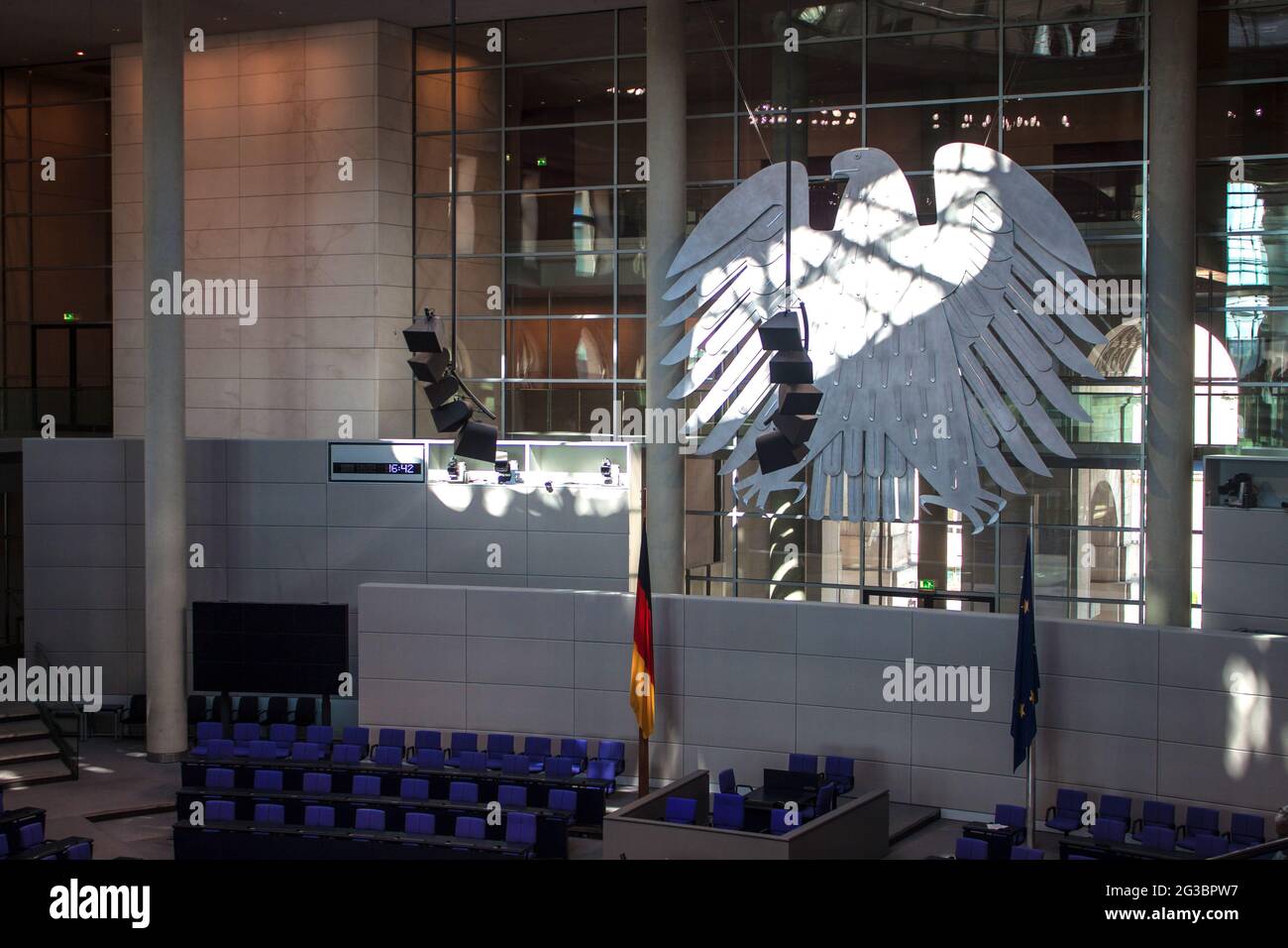 BERLIN, GERMANY - JUNE 8: Interior of Reichstag (German parliament) on June 8, 2013 in Berlin, Germany. After moving of Bundestag in 1999 building of Stock Photo