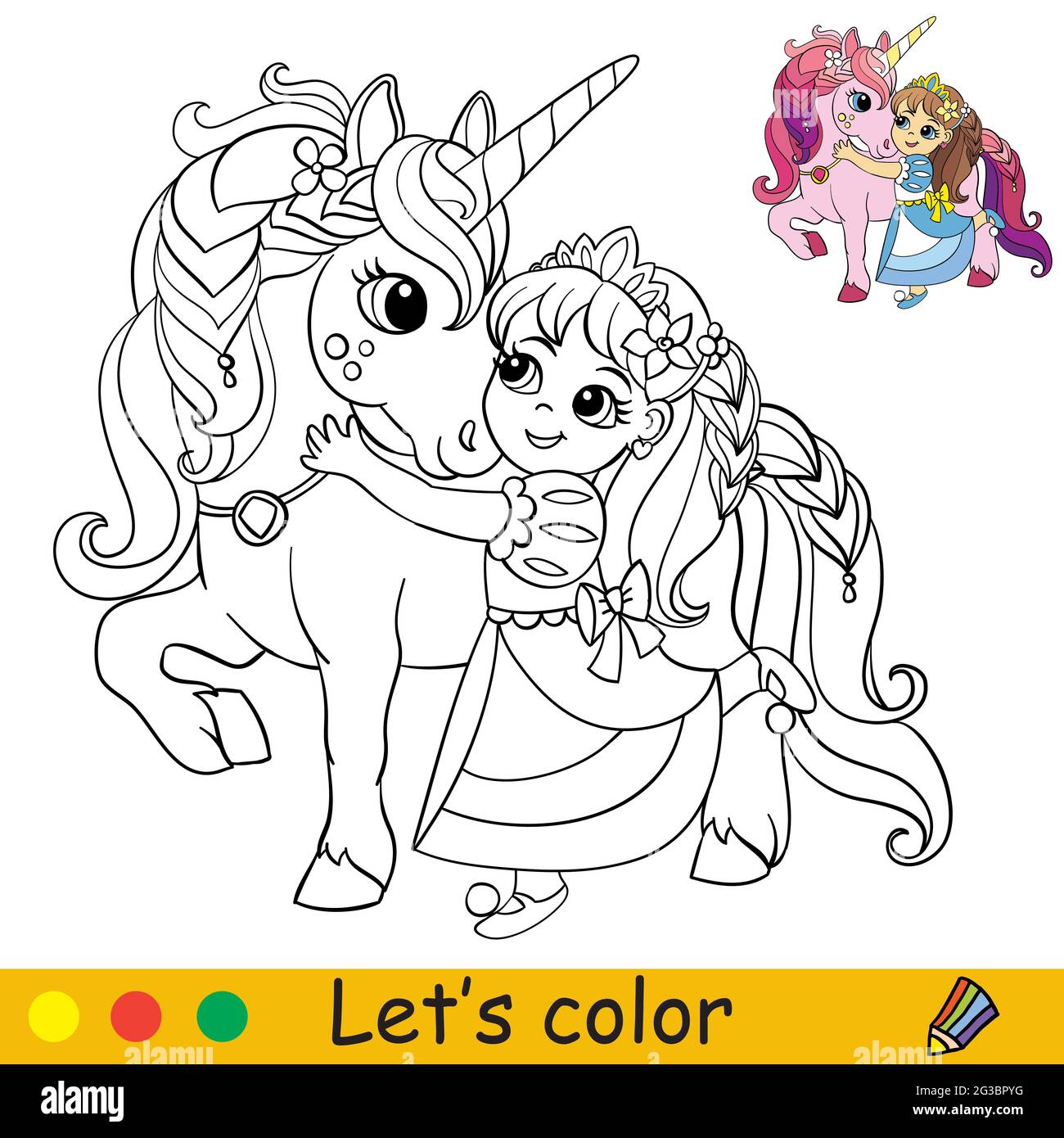 Cute little princess cuddles with a unicorn. Coloring book page ...