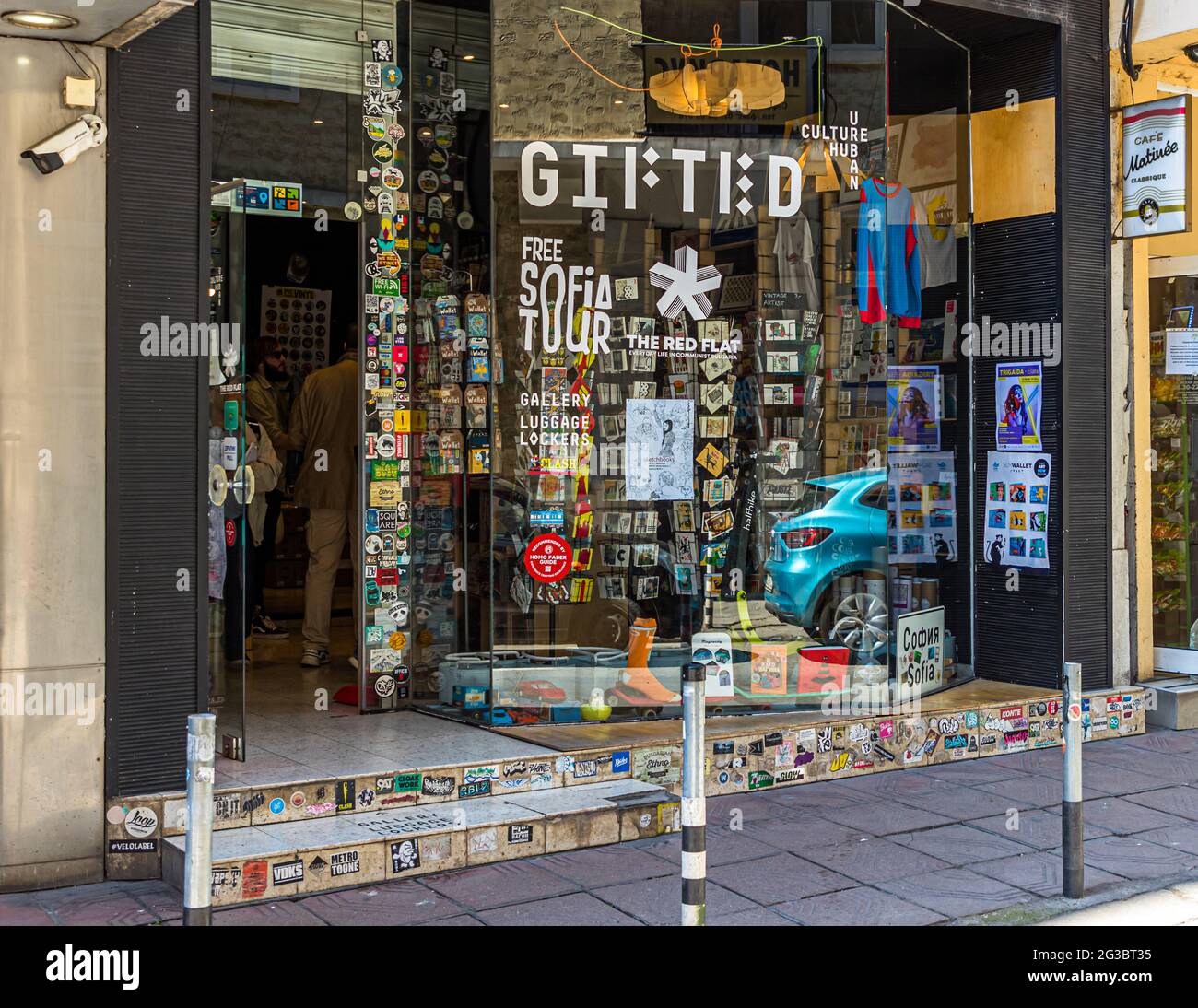 Tourist store in Sofia (Bulgaria), where you can book guided tours of the apartment The Red Flag, furnished in the style of the communist era original Stock Photo