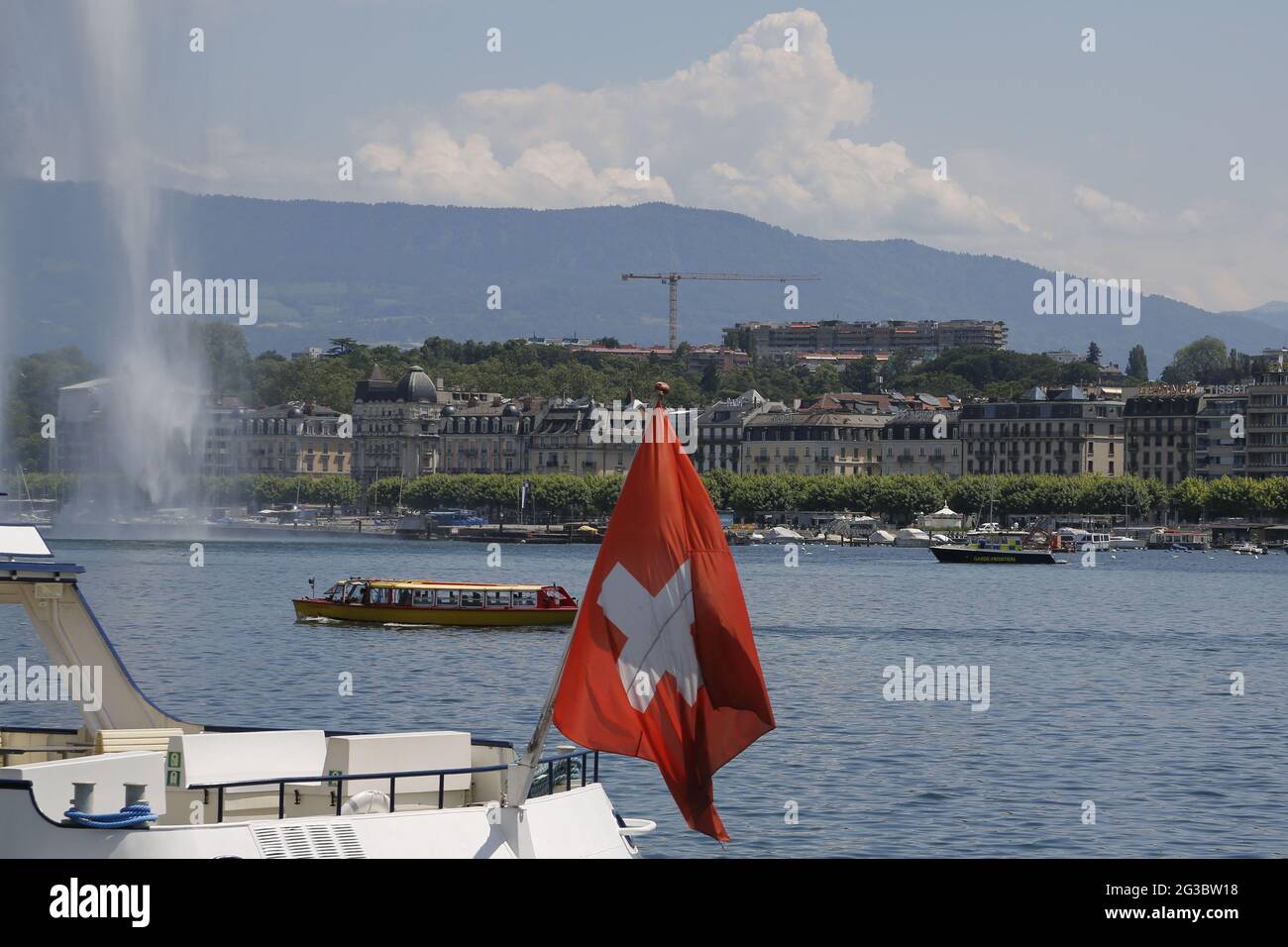 Geneva International blocked before the Biden-Putin Summit, tomorrow June 16, 2021. The city of Geneva blocked, Place des Nations where US President Joe Biden will reside, before the summit tomorrow June 16, 2021, with his counterpart Russian President Vladimir Putin, change of flags on the "Mont Blanc" bridge and the famous Geneva water fountain closed to the public. Switzerland Geneva, June 15 2021. Photo by Francois Glories/ABACAPRESS.COM Stock Photo