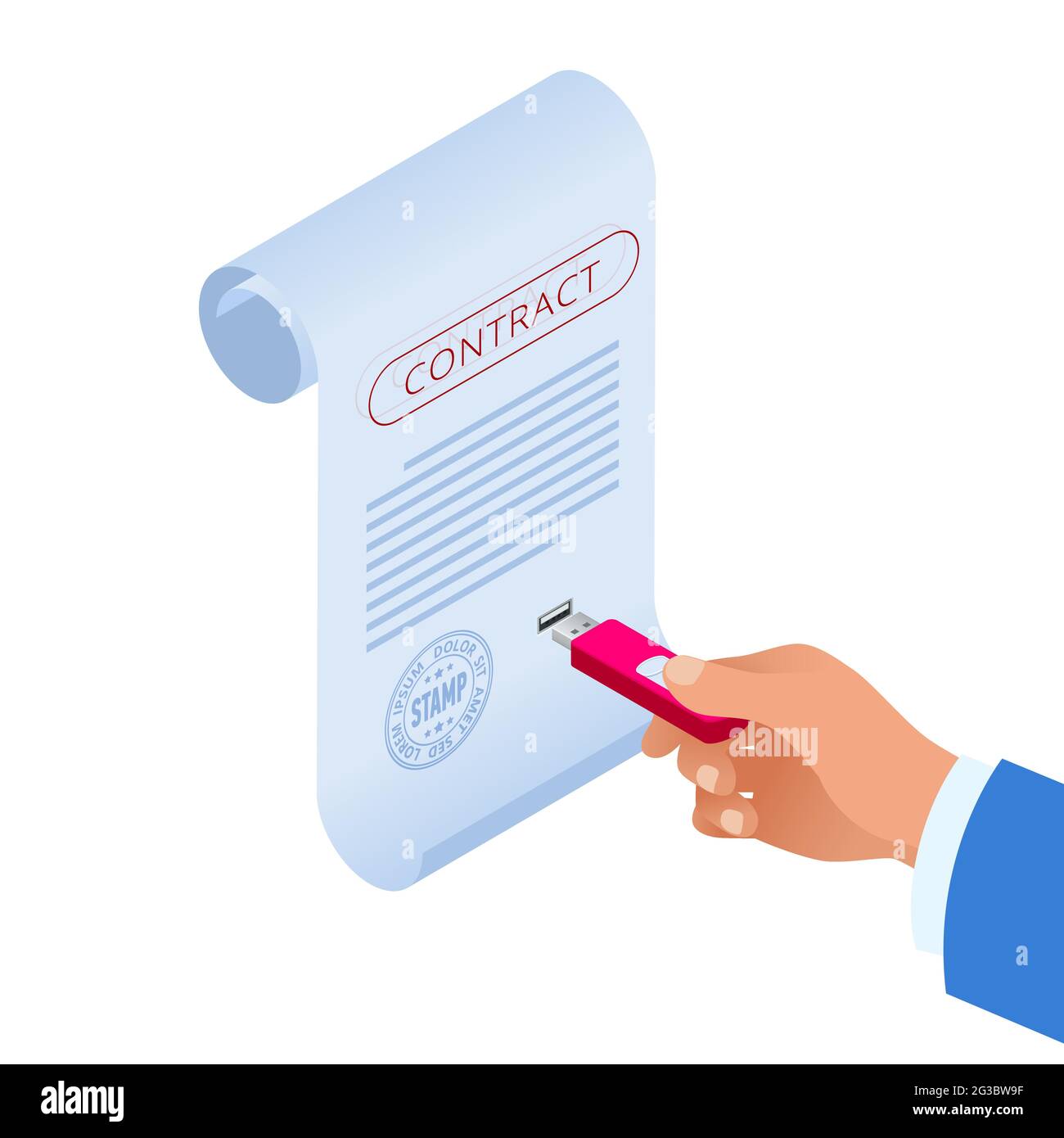 Isometric e-contract with e-signature near. Electronic Document, digital form attached to electronically transmitted document, verification of intent Stock Vector
