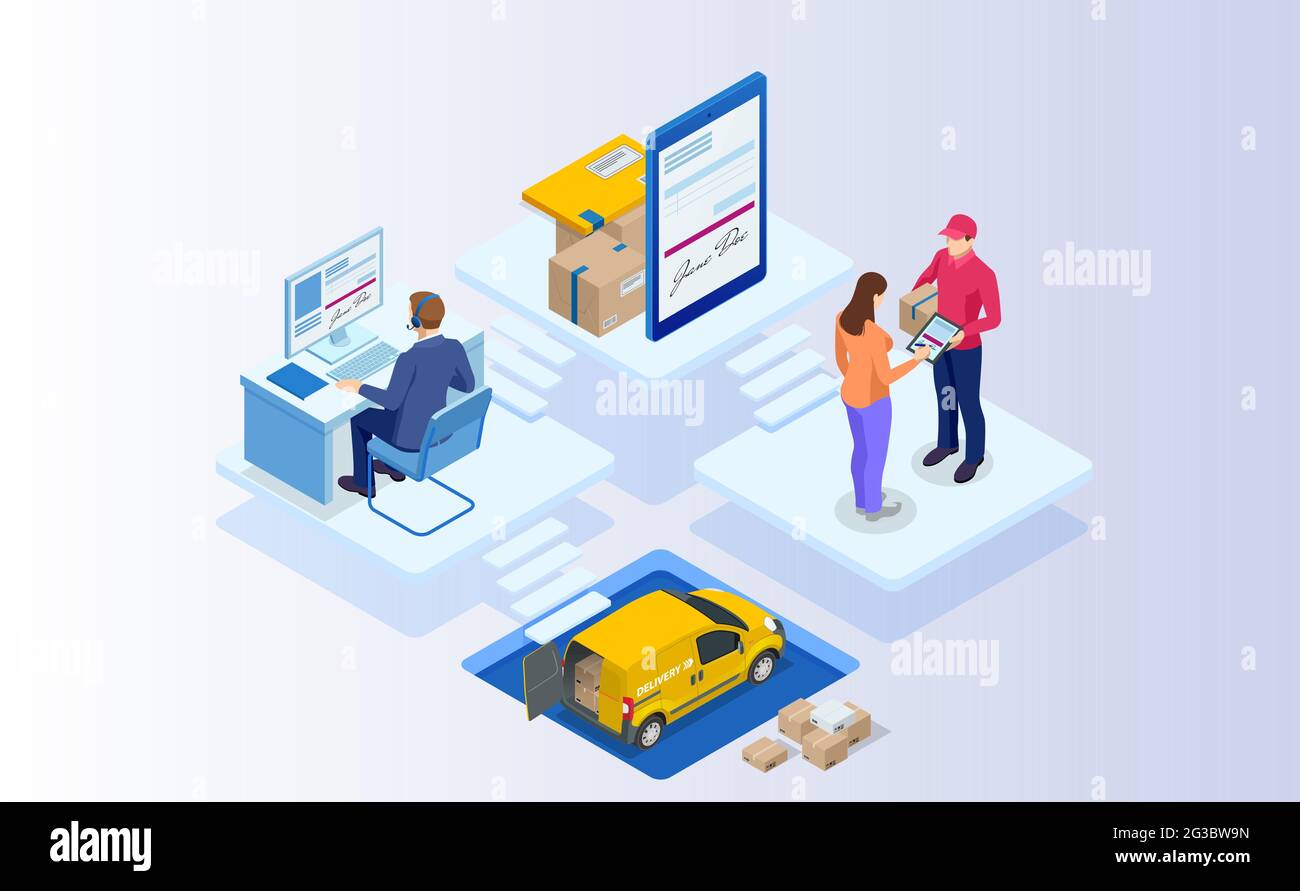 Isometric Tracking delivery by parcel, delivery service concept. Woman