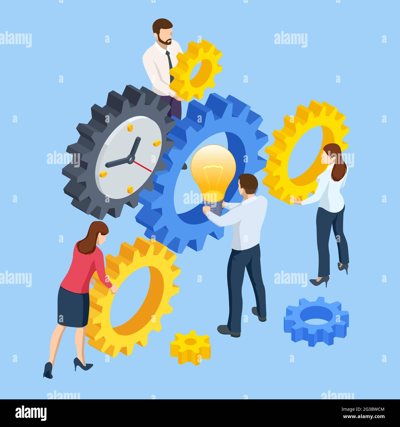 Isometric Business Process. Business team connect pieces of gears